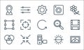 Photography line icons. linear set. quality vector line set such as picture, video camera, colors, brightness, minimize, zoom out