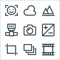 photography line icons. linear set. quality vector line set such as video file, image files, cropping, exposure, camera, dslr