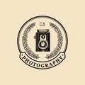 Photography logo. Vector vintage old camera label, badge, emblem. Hand sketched illustration for studio, store etc. Royalty Free Stock Photo