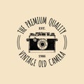 Photography logo. Vector vintage old camera label, badge, emblem. Hand sketched illustration for studio, store etc. Royalty Free Stock Photo