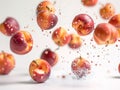 photography of PEACHES falling from the sky, hyperpop colour scheme. glossy, white background Levitating peach isolated Royalty Free Stock Photo