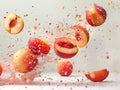 photography of PEACHES falling from the sky, hyperpop colour scheme. glossy, white background Levitating peach isolated Royalty Free Stock Photo