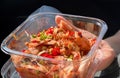 a photography of a person holding a container of food in their hand, meat loafs in a plastic container with vegetables and sauce
