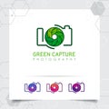 Photography and photo logo design with concept of leaf icon and camera lens vector for photographer, studio photo, and nature