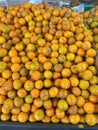 a photography of a pile of oranges sitting on top of a table, oranges are piled up in a bin at a market