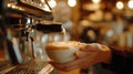 Photography of skilled barista making a latte art at cozy coffee shop. AIG42. Royalty Free Stock Photo