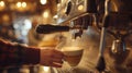 Photography of skilled barista making a latte art at cozy coffee shop. AIG42. Royalty Free Stock Photo