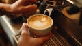 Photography of skilled barista making a latte art at cozy coffee shop. AIG42. Royalty Free Stock Photo