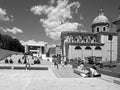 Black and White Photography Rome: Augusto Emperor square, church and Ara pacis Museum, city skyline with clouds and people