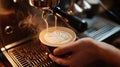 Photography of skilled barista making a latte art at cozy coffee shop. AIG42. Royalty Free Stock Photo