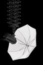 Photography studio flash on ceiling pantograph with umbrella isolated on black Royalty Free Stock Photo