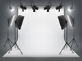 Photography studio. Photo backdrop and spotlight, realistic floodlight with tripod and studio equipment. Vector studio