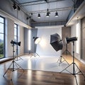 A Photography Studio Setup with Lighting Equipment and a White Backdrop photo studio lighting Royalty Free Stock Photo