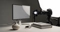 Photography Studio Workspace with Camera, Monitor, Softbox, and Creative Elements. Royalty Free Stock Photo