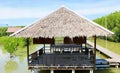 a photography of a thatched roof over a dock with benches, there is a thatched roof over a wooden dock on the water