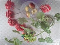 A table with a flower in a jar, a slices of apple on a beautiful glass saucer and red paper rose on a silver color background.