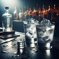 Photography of two glass of vodka with ice on bar counter with bottle on background, moody dark with light, no people