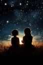 photography two little girls sitting in the grass looking night silhouette,stunning Generative AI