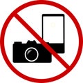 Photography video and pictures prohibited and forbidden. Camera and cellphone NO red circle with slash on transparent background