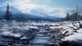 Photoreal Winter Landscape: Frozen River And Snowy Mountains