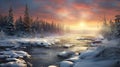 Photoreal Winter Landscape: Sunset Over Frozen Lake In Quebec Province