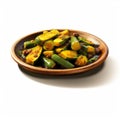 Photorealistic Acorn Squash Dish With Green Okra On Wooden Plate