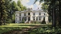 Photorealistic Animecore Painting Of Old Mansion In The Woods
