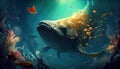 Photorealistic art on the theme of the underwater world. whale, coral reef, fish. Generated by artificial intelligence