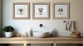 Photorealistic Bathroom Decor: Three Framed Photos Above Sink With Wooden Accents