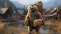 Photorealistic Bear Walking Through Town With Detailed Costumes