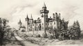 Photorealistic Black And White Castle Drawing With Gothic Architecture