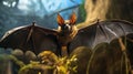 Photorealistic Brown Bat Flying Over Forest: A Captivating Movie Still