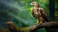 Photorealistic Brown Eagle On Wood Branch In Green Forest