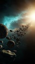Celestial Graveyard: Fragmented Asteroids and Planetary Debris Drifting in Golden Starlight Royalty Free Stock Photo