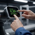 A photorealistic CGI render depicts an engineer wearing specialized anti-static gloves adjusting a robotic arm sensor showing real Royalty Free Stock Photo