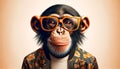 A photorealistic chimpanzee wearing trendy orange sunglasses and a stylish floral shirt.