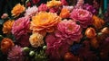 A photorealistic close-up of colorful flowers in full bloom.
