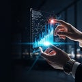 A photorealistic close-up of executive hands, cropped at wrist, interacting with a glowing 3D bar graph and code interface, visual Royalty Free Stock Photo