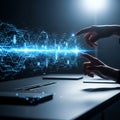 Photorealistic close-up of hands cropped at wrist interacting with a shimmering blue digital data stream representing complex algo Royalty Free Stock Photo