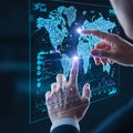 Photorealistic close-up of hands manipulating a glowing blue and purple holographic global network visualization and complex algor Royalty Free Stock Photo