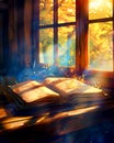 A photorealistic close-up of an open textbook bathed in sunlight streaming through a classroom window casting a warm glow on a