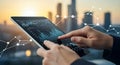 A photorealistic close-up shows professional hands using a silver tablet to analyze global abstract data visualization during a go Royalty Free Stock Photo