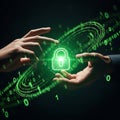 Photorealistic close-up of two hands securing a glowing green digital lock amidst binary code on a dark background, symbolizing cy Royalty Free Stock Photo