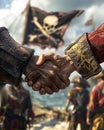 A photorealistic close-up of two rival pirate crews shaking hands on a beach
