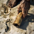 A photorealistic close-up of a weathered pirates hand clutching a rolled-up parchment on a beach
