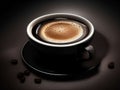 Photorealistic coffee with contrasting lights and shadows on a black surface, with an amazing cup of coffee underneath.