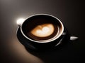 Photorealistic coffee with contrasting lights and shadows on a black surface, with an amazing cup of coffee underneath.