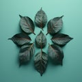 Photorealistic Composition Of Nine Leaves On Teal Background