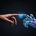 Photorealistic conceptual studio shot of a human hand gently touching a glowing mechanical hand, representing artificial intellige Royalty Free Stock Photo