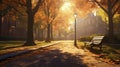 photorealistic, copy space, late afternoon light, Alley in the autumn park, tranquil scene, beautiful urban landscape in a park Royalty Free Stock Photo